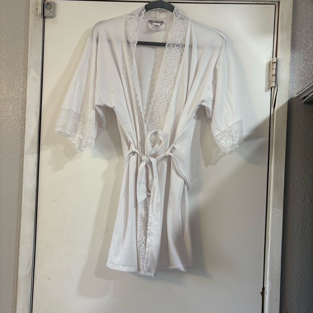 Linea Donatella White Lace Trim Wrap Robe Bridal Shower Nightgown S M Soft Cozy